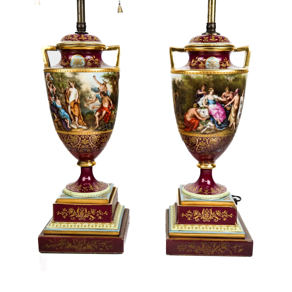 Royal Vienna-Style Porcelain Urn Lamps, Pair (1 of 7)