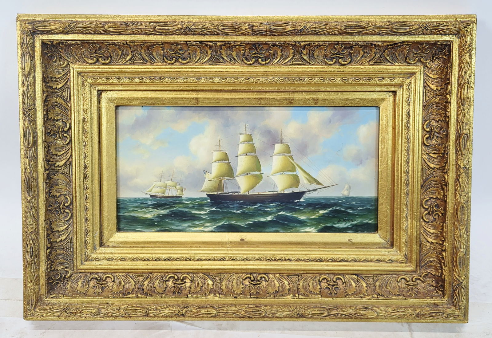 A. HESS: Clipper Ship - Oil Painting: Oil on board marine scene, 20th century reproduction, after the antique pair of clipper ships with sails, signed lower right "A. Hess". [Art: 7 1/2" H x 15 1/2" H; Frame: 17 1/2" H x 25 1/2" W]. In go