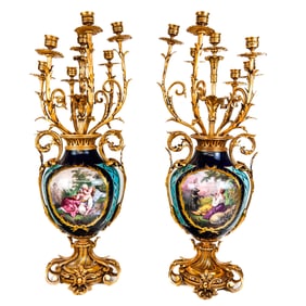 Pair Louis XV-Style Bronze & Porcelain Candelabra