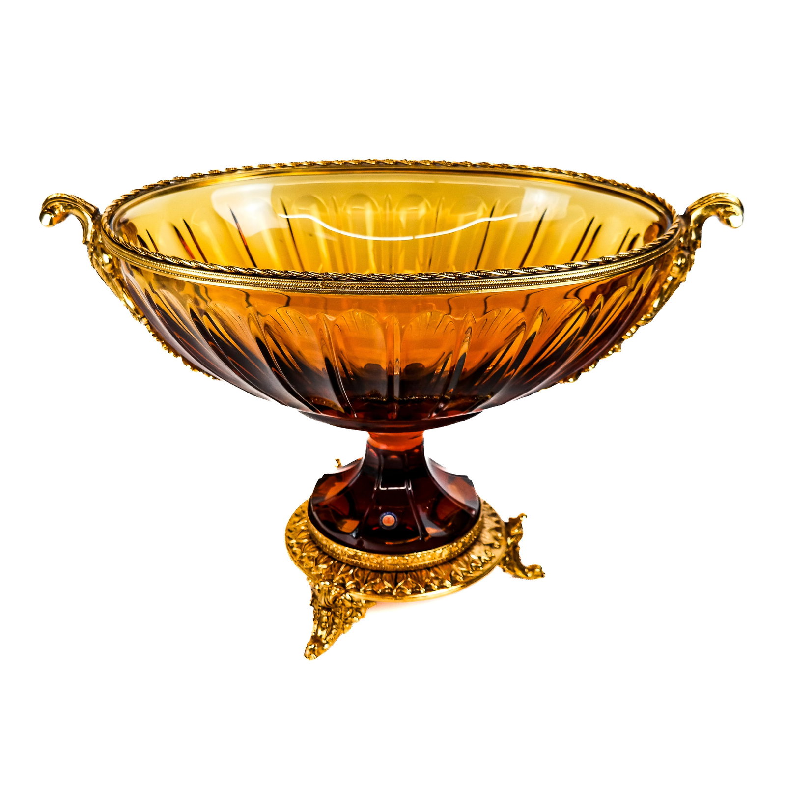 Italian Gilt Metal & Crystal Centerpiece Bowl: Italian gilt metal and amber crystal centerpiece bowl with scrolling mounts around the bateau-form bowl. [13 3/4" H x 20 3/4" W x 11 3/4" D]. In overall good condition aside from light wear and residu