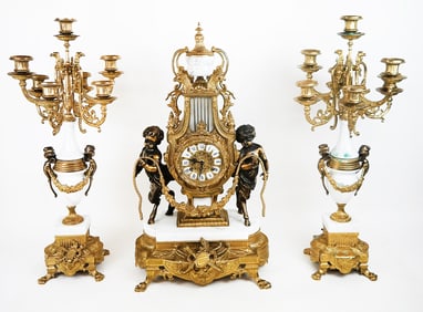 French Lyre Form Clock Garniture (3pc)