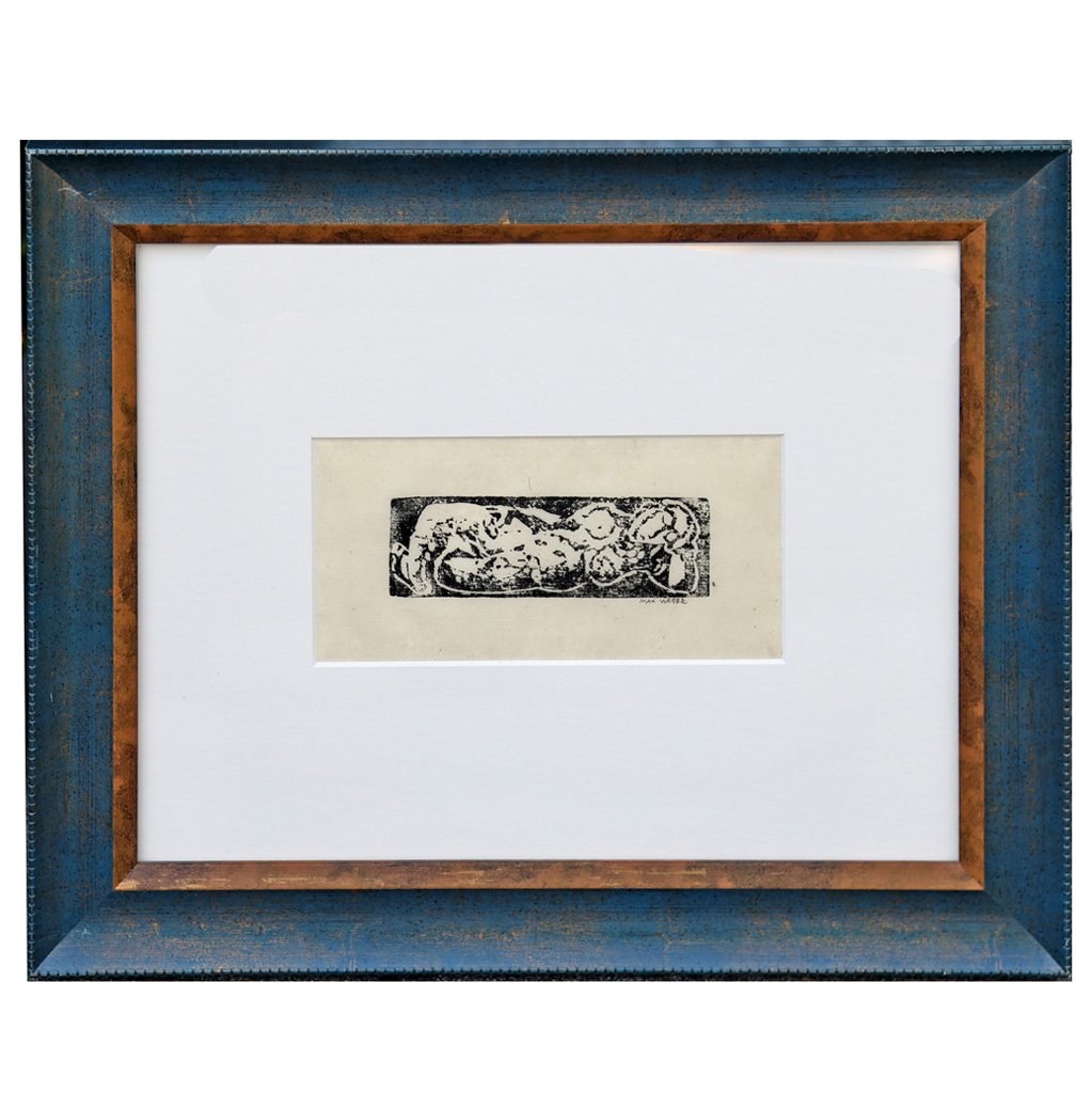 Max WEBER: Female Nude - Woodcut: Max Weber (American, 1881-1961) woodcut depicting a horizontal reclining female nude, signed in pencil lower right. [Image: 1 3/4" H x 5 1/4" W; Frame: 13 3/4" H x 16 1/2" W].