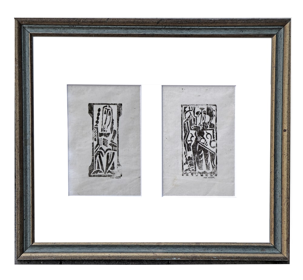 Max WEBER: Two Figures - Woodcut: Max Weber (American, 1881-1961) woodcut depicting two vertical figures, each signed lower right. [Left Image: 4 1/4" H x 1 3/4" W; Frame: 13 5/8" H x 15 1/8" W].