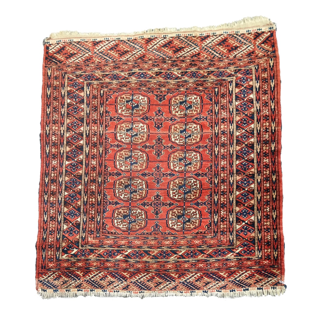 Antique Persian Rug: Antique Persian rug, first half 20th century, probably Tekke (Teke) Turkomen, present day Turkmenistan. [3’ 9” x 3’ 6”]. Scattered wear and fading, areas of thinning and loss to pile.