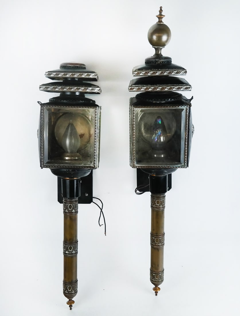 Pair of Two-Tone Coach Lamps: Pair of two-tone coach lamps. [31" H x 6" W x 6" D]. In "as-is" condition, with dents, one finial bent and one finial missing.