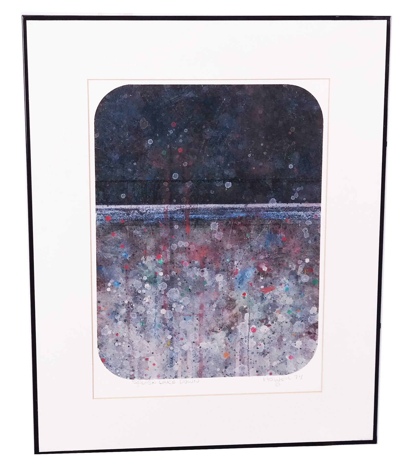 Elwood HOWELL: "Splash Lake" - Mixed Media: Elwood Howell work in acrylic and staples mounted on paper, titled "Splash Lake Down", signed lower right, 1974, bearing gallery info on back. [Art: 13" H x 10" W; Frame: 20" H x 16" W].
