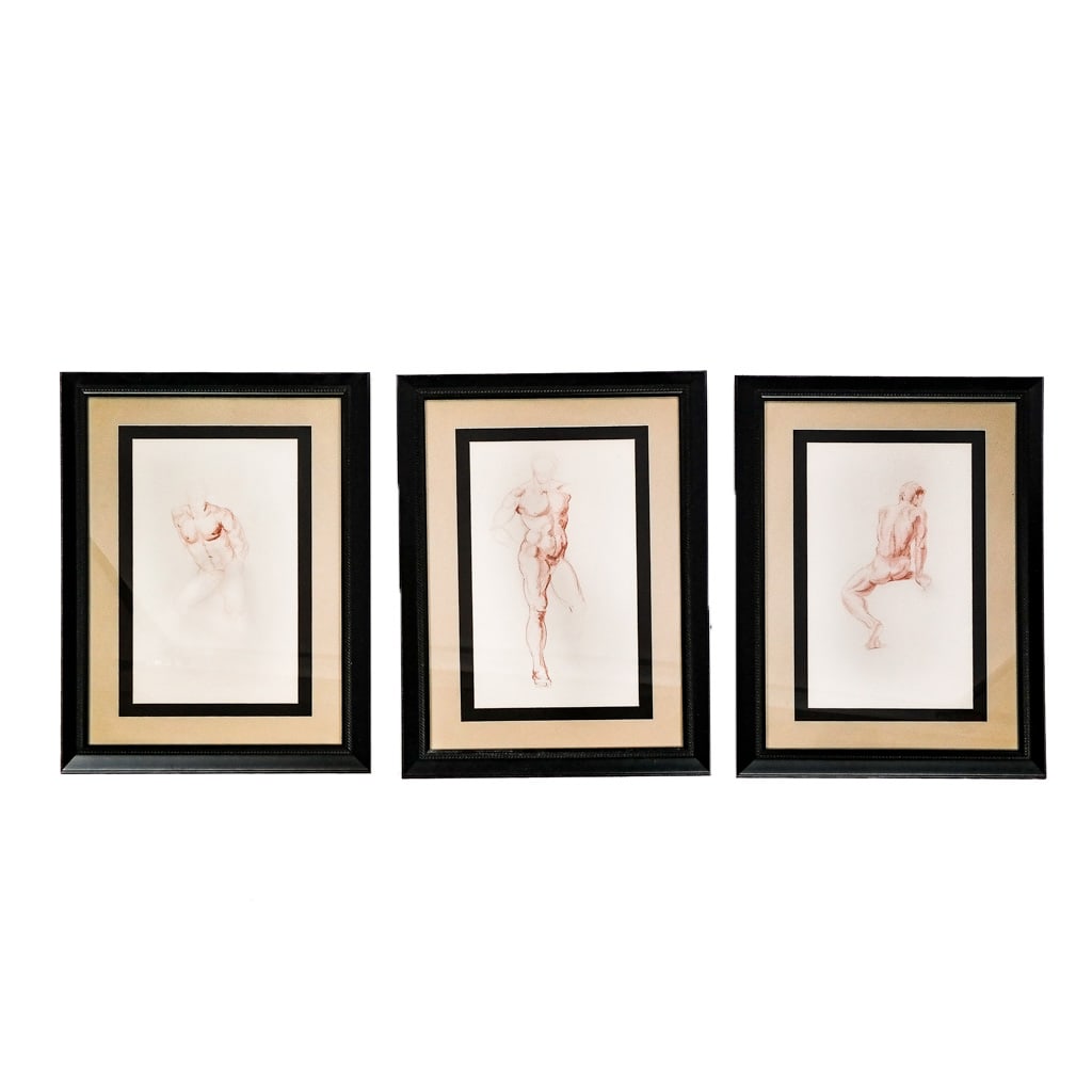 Three Drawings - Nude Male Studies: Three artist studies of male nudes, in sepia pencil, unsigned, in nice frames. [Art: 19" H x 11" W; Frame: 30" H x 21 1/2" W].