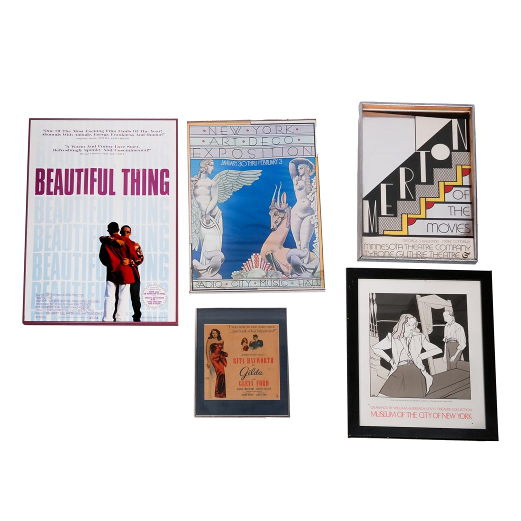 Five Framed Works of Art: Including: a "Gilda" poster fragment starring Rita Hayworth [Frame: 20 1/2" H x 16 3/8" W]; Museum City of New York poster featuring drawings by William Auerbach-Levy "The Skin of Our Teeth" [Frame: 3