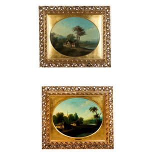 Attr. to Louis LEGRAND: Two Landscapes: Two gilt framed oval river landscape paintings on board, "pastoral" as a pair, with figures and cottages. Attributed to Louis Legrand, each signed in red, both with plaques. [Art: 14" x 17 1/2"; Frame