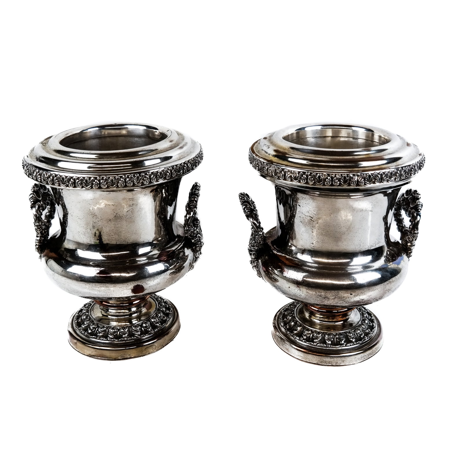 Pair of Sheffield Plated Victorian Wine Coolers: Pair of Victorian Sheffield silver plated wine coolers, late 19th Century, of Classical campana form with scrolling handles and removable liners, unmarked. [10 1/2" H x 8 1/2" Diam.]. Areas of losses 