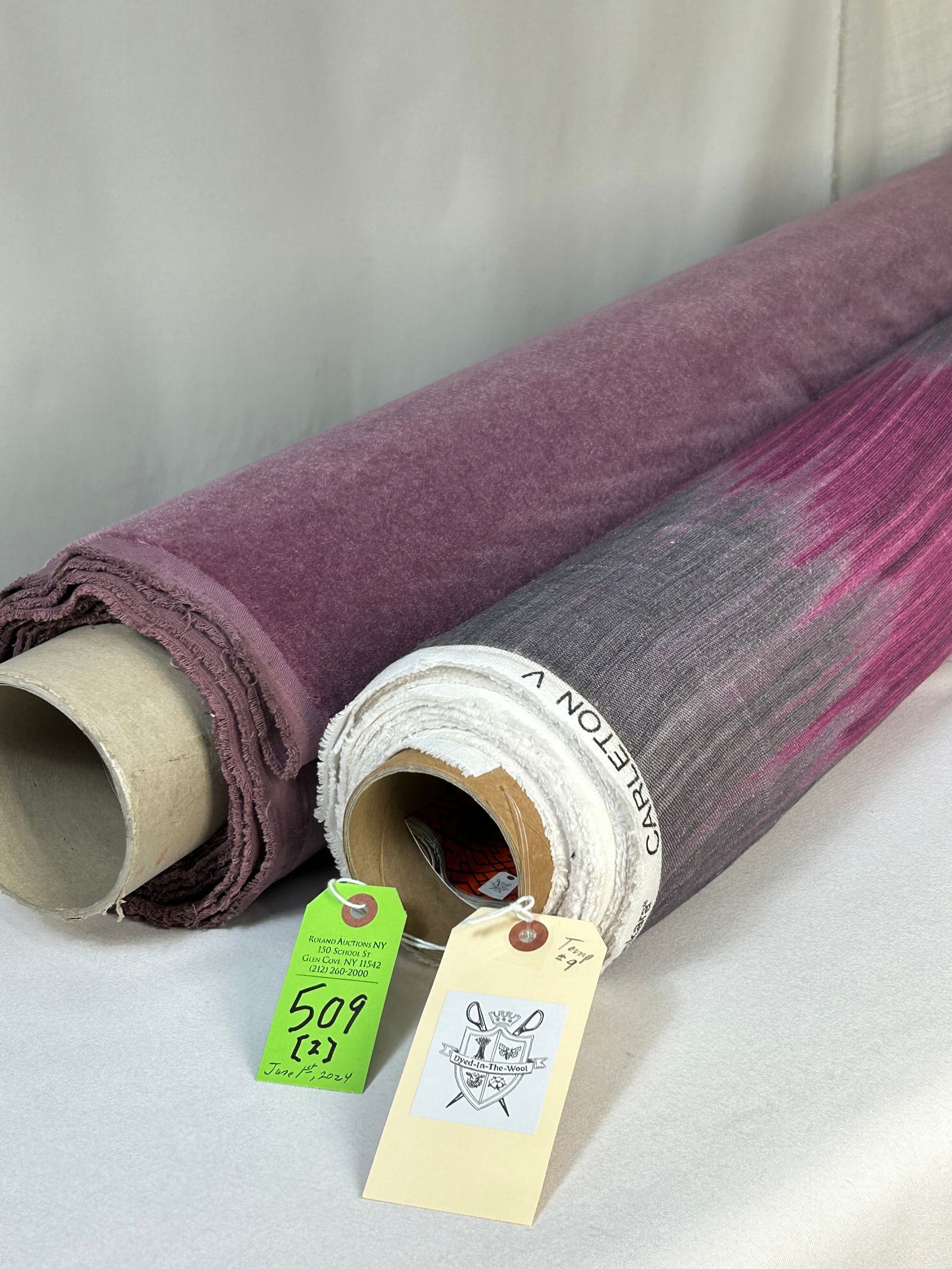 Claremont Mohair and Carleton V Print Fabrics: 1) 4 1/2 yards of Claremont's Dutch mauve mohair upholstery plush, 55" width. The warmth and comfort is irresistible! 2) 17 1/4 yards of Carleton V's printed linen named "Ankara", in purples and greys