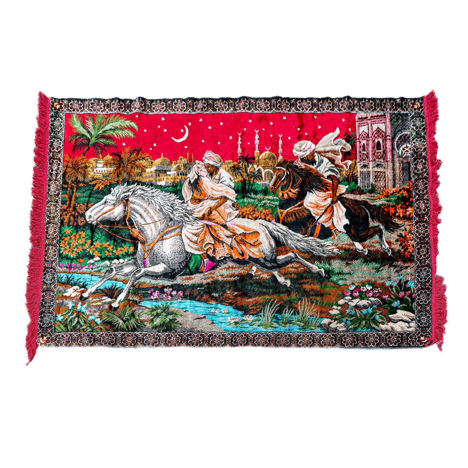 Modern Woven "Arabian Nights" Carpet / Tapestry: Modern "Arabian Nights" carpet tapestry, colorfully woven with a scene of figures on horseback with a city, mosque and palace in the distance, most likely inspired by the "One Thousand and One Nights"