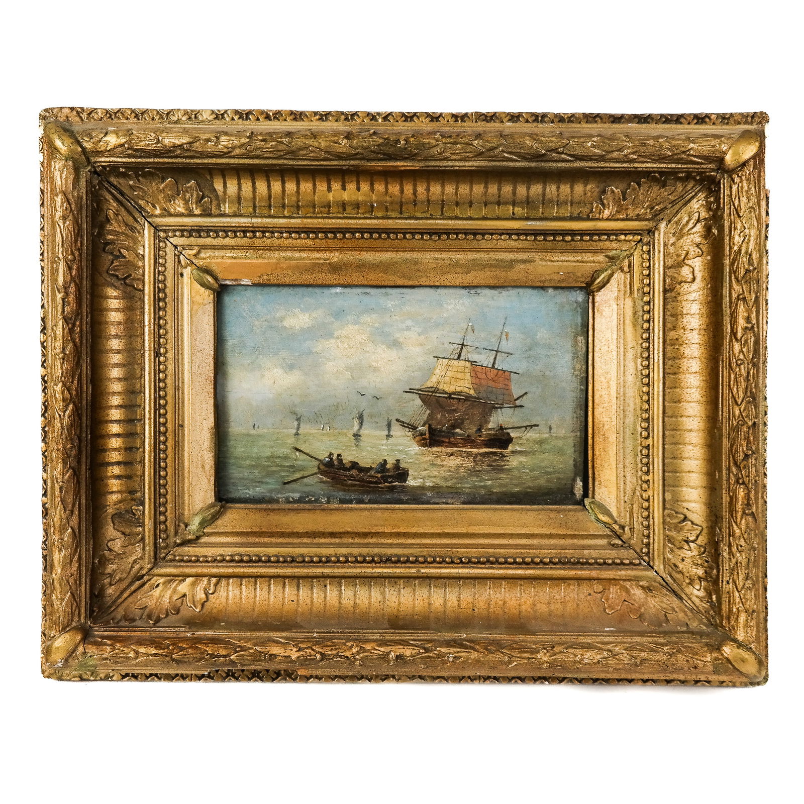 Antique Oil Painting of Rowboat & Ships (1 of 7)