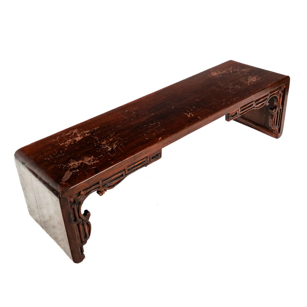 Japanese Low Prayer Altar Stand: Japanese low prayer altar stand, carved and lacquered. [12" H x 12" W x 44" D]. Open break in apron on one side only.