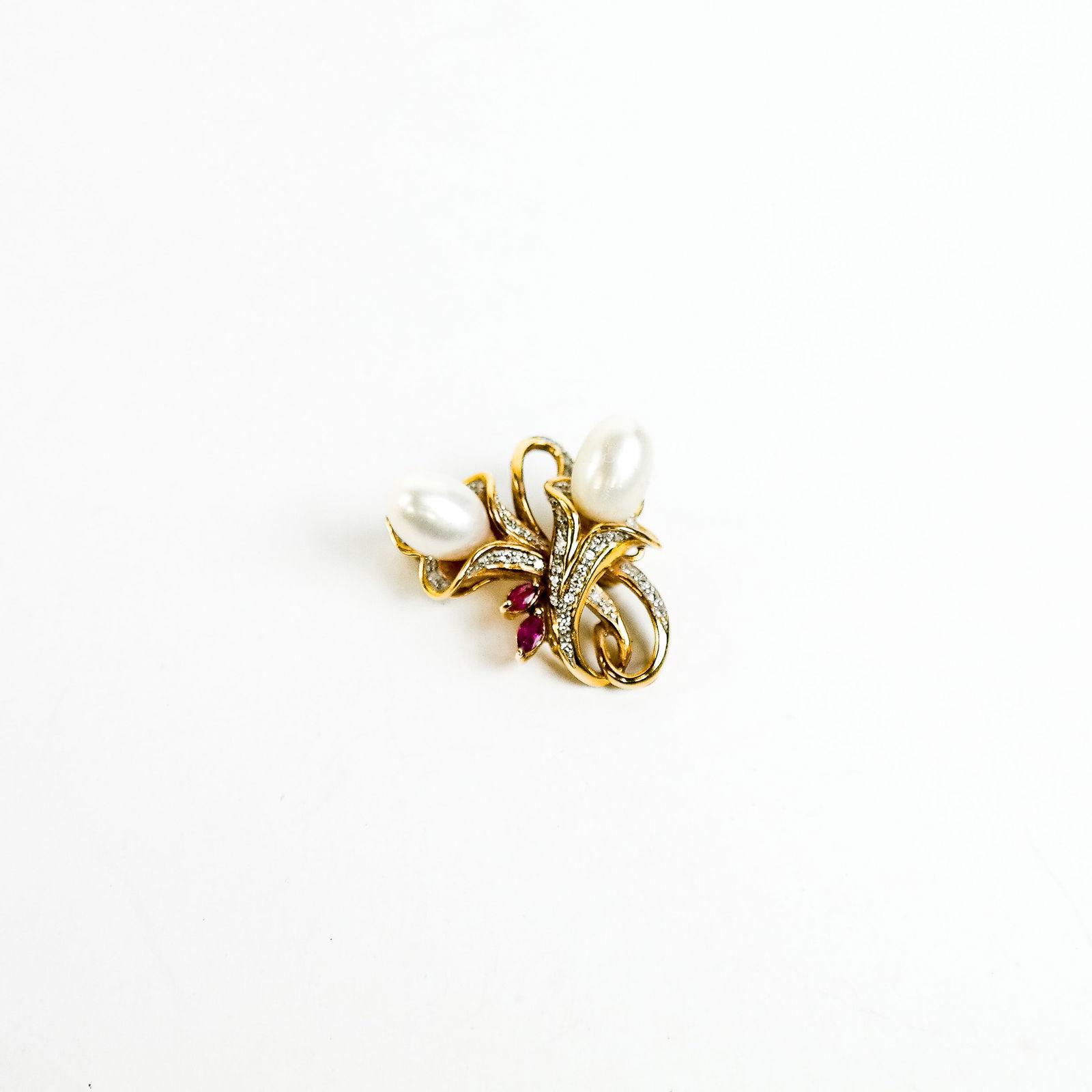 18K Yellow Gold, Pearl, Diamond & Ruby Brooch (1 of 8)