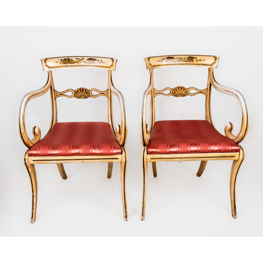Pair of Cream Armchairs: Pair of French cream painted and decorated armchairs. [34" H x 23" W x 23" D].