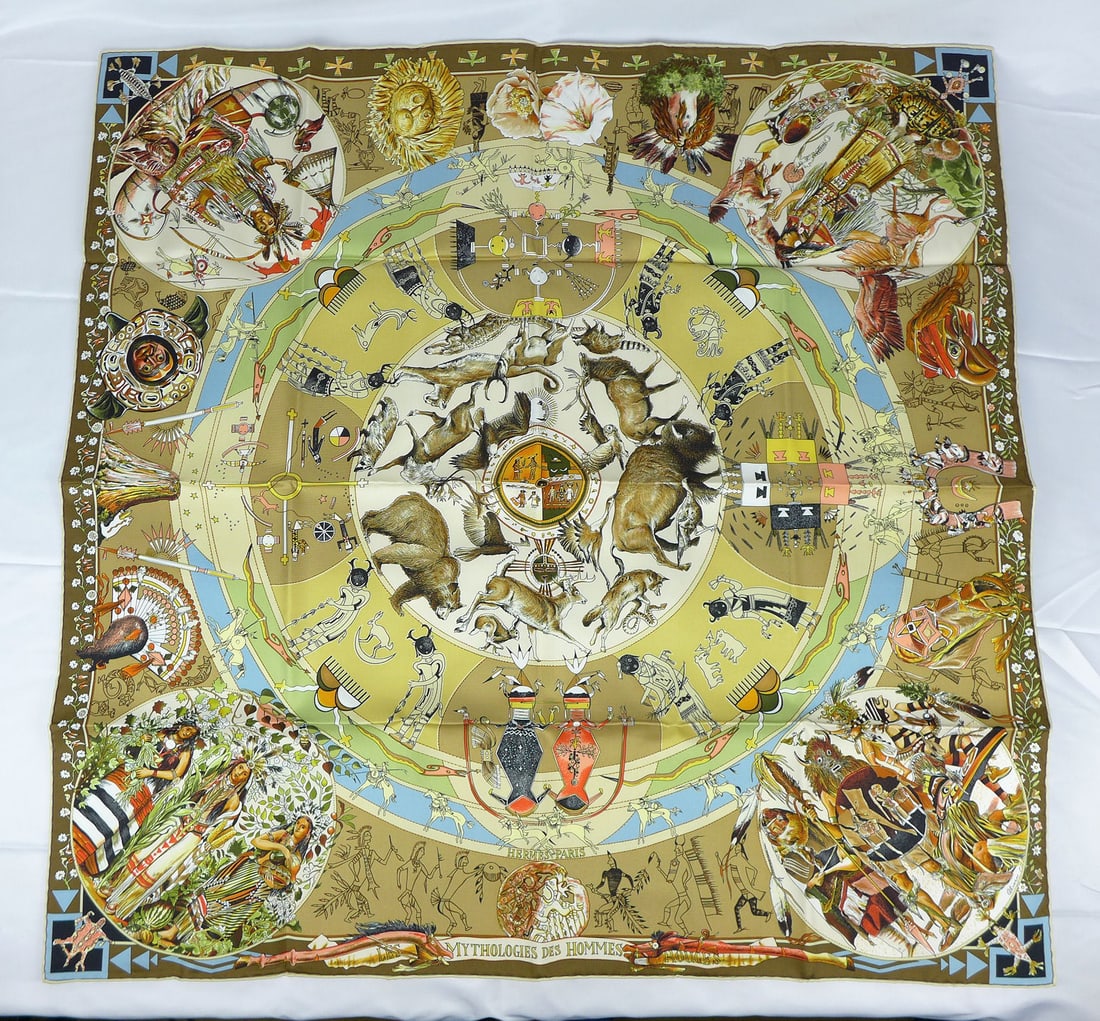 Vintage Hermes Paris Silk Scarf "Les Mythologies des Hommes Rouges" with box (1 of 7)