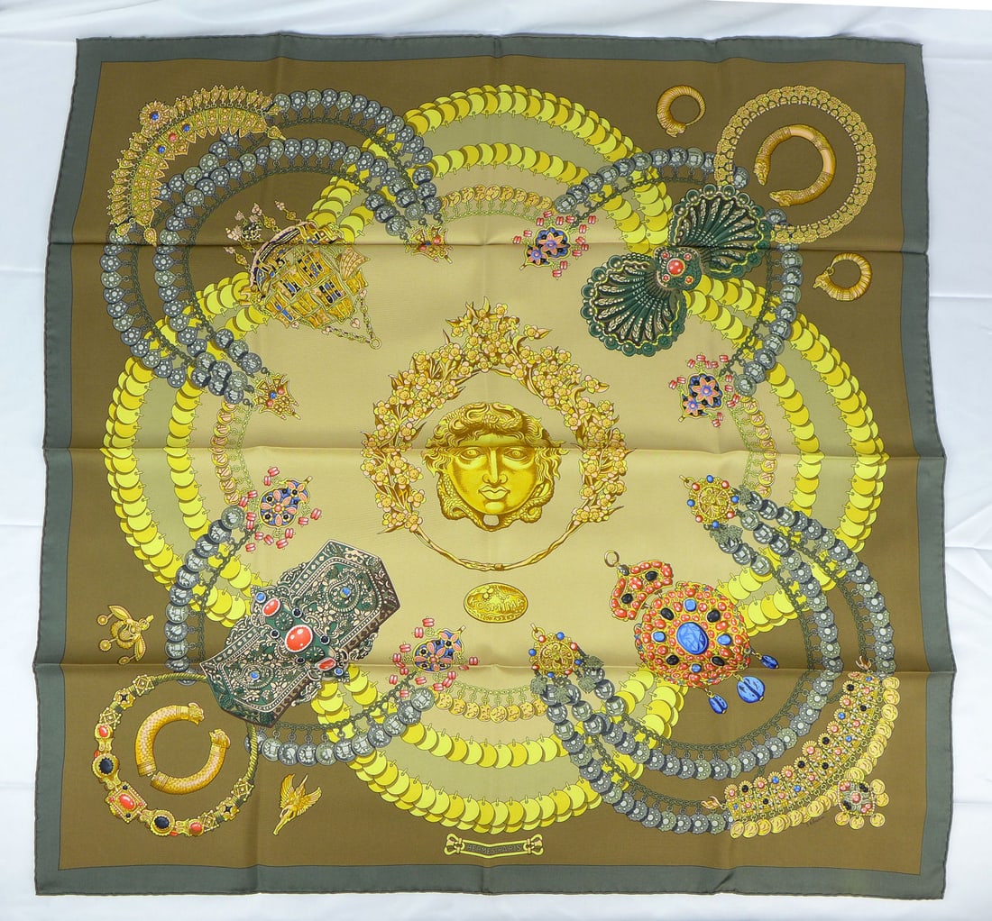 Vintage Hermes Paris Silk Scarf "Kosmima" with box: This is a classic 90cm Carre Hermes Silk Scarf made in Paris dating from the late 80's or 90's. Titled "Kosmima" and is decorated with a Greek multicolor jewel design. It was Designed by Julie Abadie
