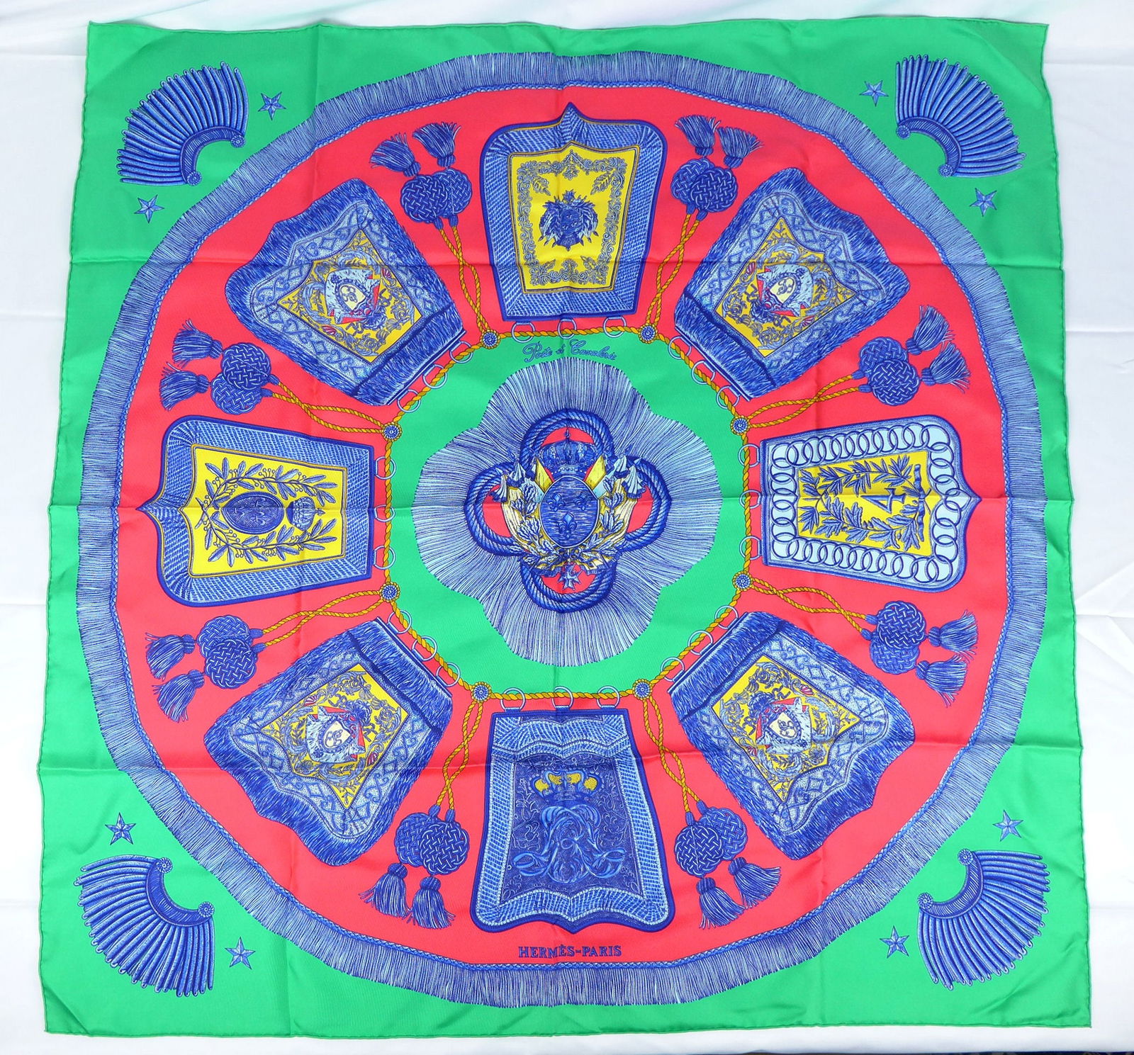 Vintage Hermes Paris Silk Scarf "Poste et Cavalerie" with box: This is a classic 90cm Carre Hermes Silk Scarf made in Paris dating from the late 80's or 90's. Titled "Poste et Cavalerie" decorated with various military insignia and badges. It was Designed by Joac