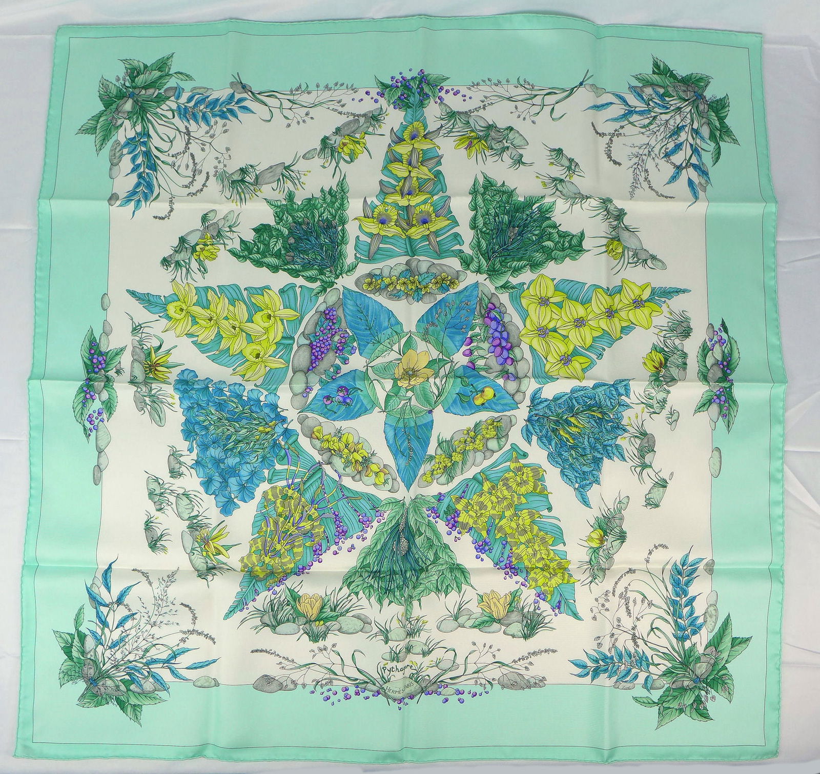 Vintage Hermes Paris Silk Scarf "Pythagore" with box: This is a classic 90cm Carre Hermes Silk Scarf made in Paris dating from the late 80's or 90's. Titled "Pythagore" and is decorated with a Floral and plant design. It was Designed by Zoe Pauwels and r