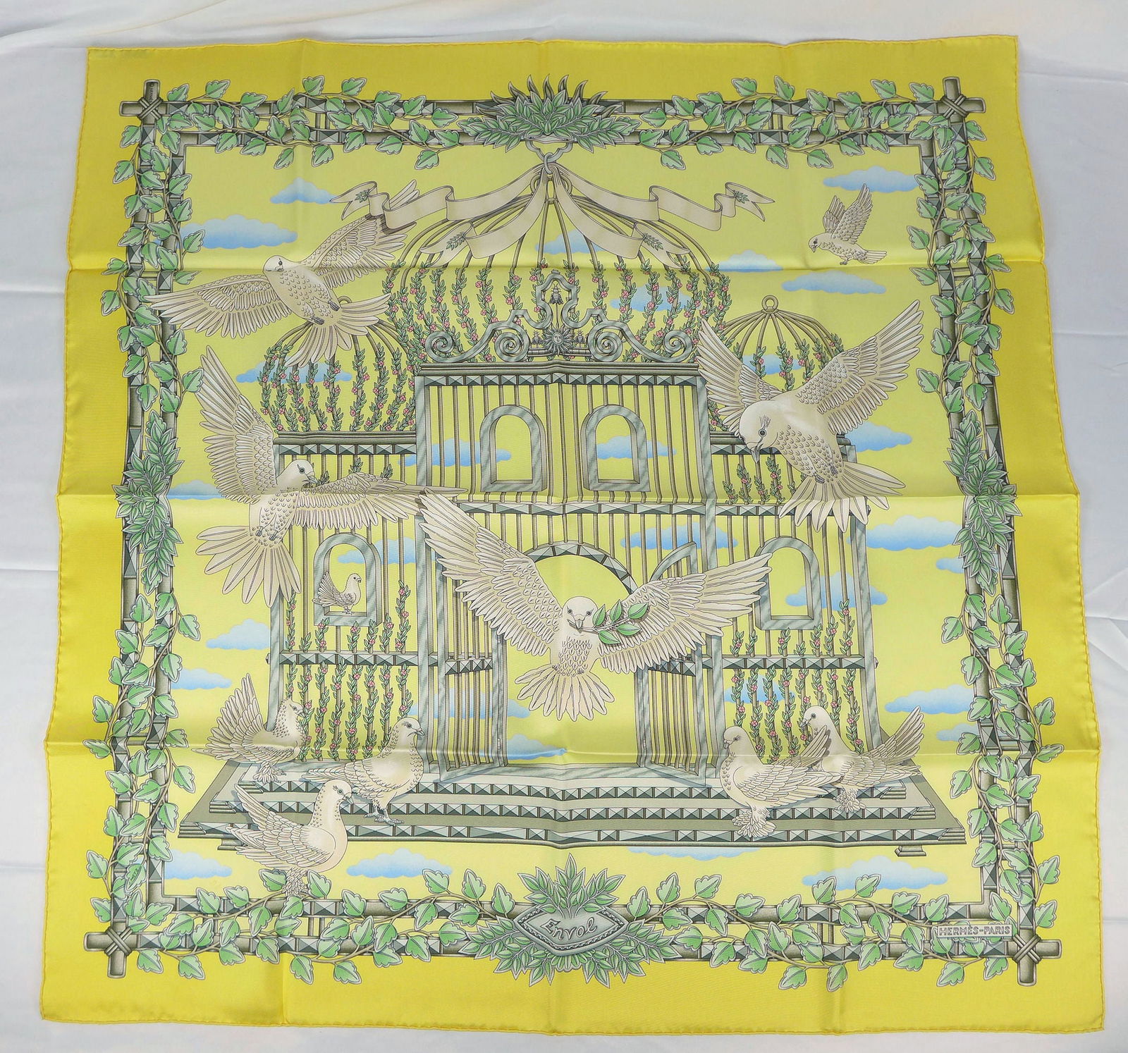 Vintage Hermes Paris Silk Scarf "Envol" with box: This is a classic 90cm Carre Hermes Silk Scarf made in Paris dating from the later 80's or 90's. Titled "Envol" and is decorated with a flight of doves representing peace and unity. It was Designed by