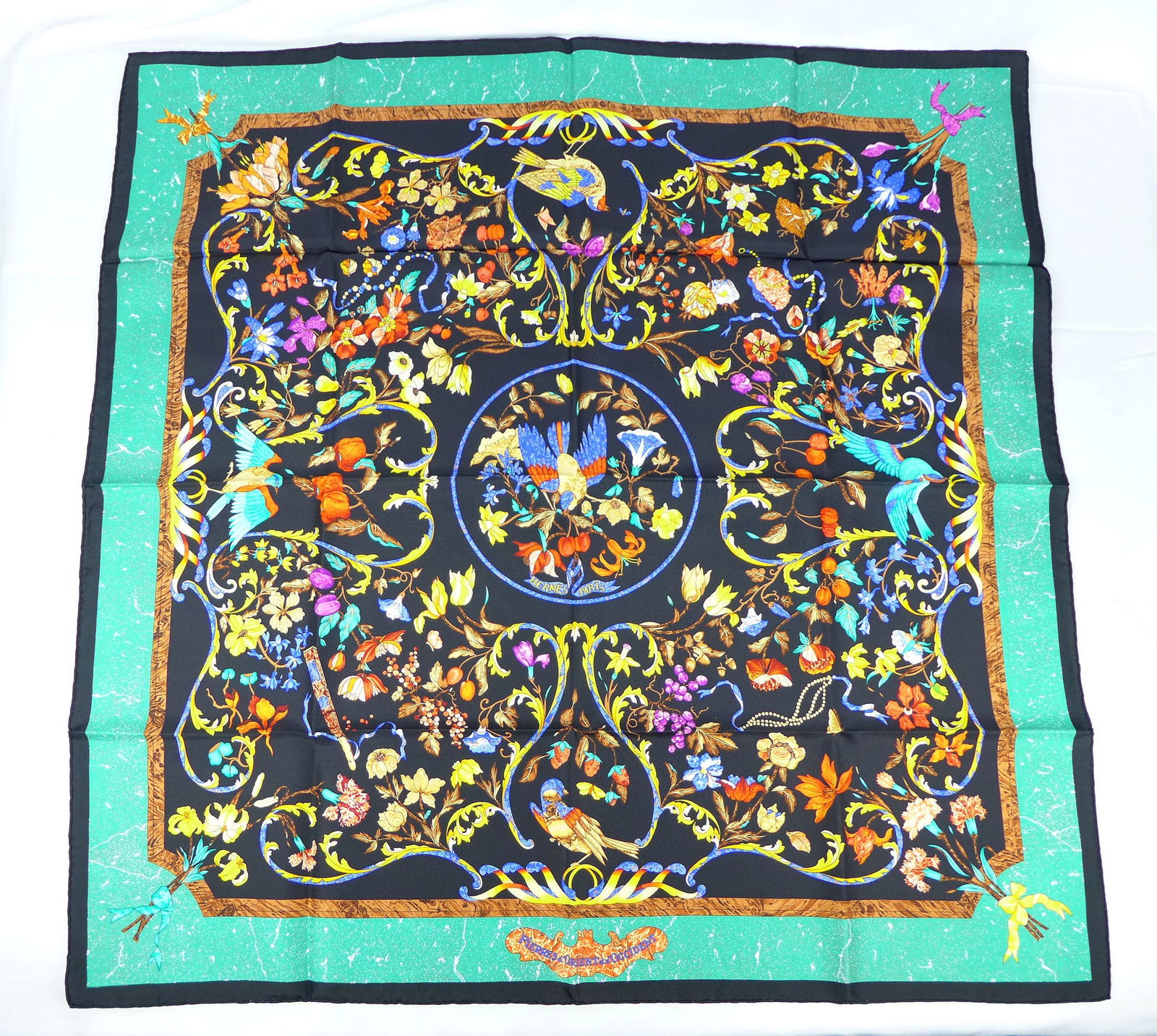 Vintage Hermes Paris Silk Scarf "Pierres d'Orient et d'Occident" with box: This is a classic 90cm Carre Hermes Silk Scarf made in Paris dating from the later 80's or 90's. Titled "Pierres d'Orient et d'Occident" and is decorated with an inlaid precious stone design of birds