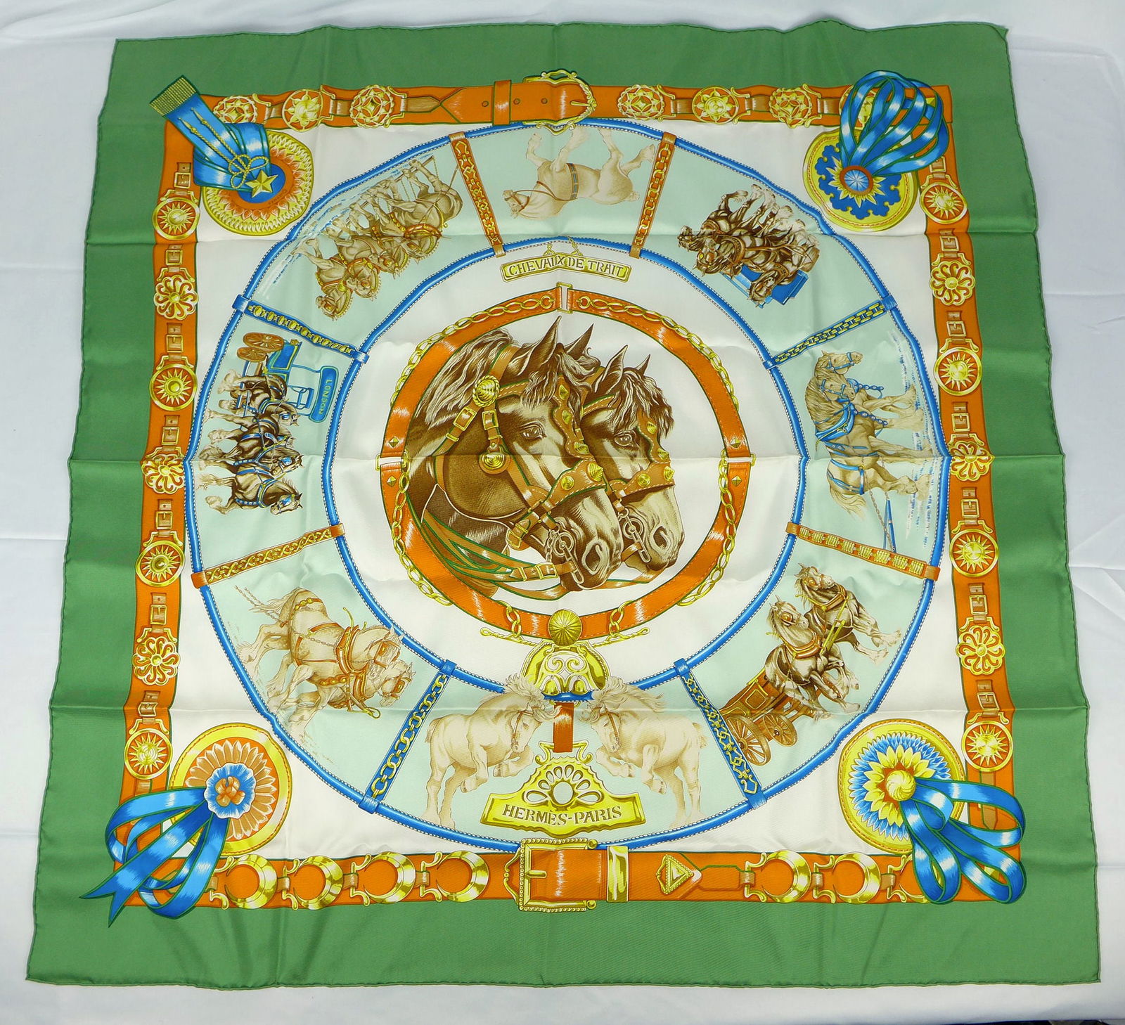 Vintage Hermes Paris Silk Scarf "Chevaux De Trait" with box: This is a classic 90cm Carre Hermes Silk Scarf made in Paris dating from the later 80's or 90's. Titled "Chevaux de Trait" and is decorated with scenes of work horses in various vignettes of daily lif