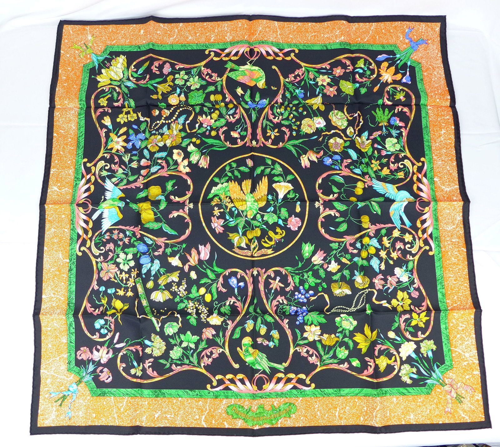Vintage Hermes Paris Silk Scarf "Pierres d'Orient et d'Occident" with box: This is a classic 90cm Carre Hermes Silk Scarf made in Paris dating from the later 80's or 90's. Titled "Pierres d'Orient et d'Occident" and is decorated with an inlaid precious stone design of birds 