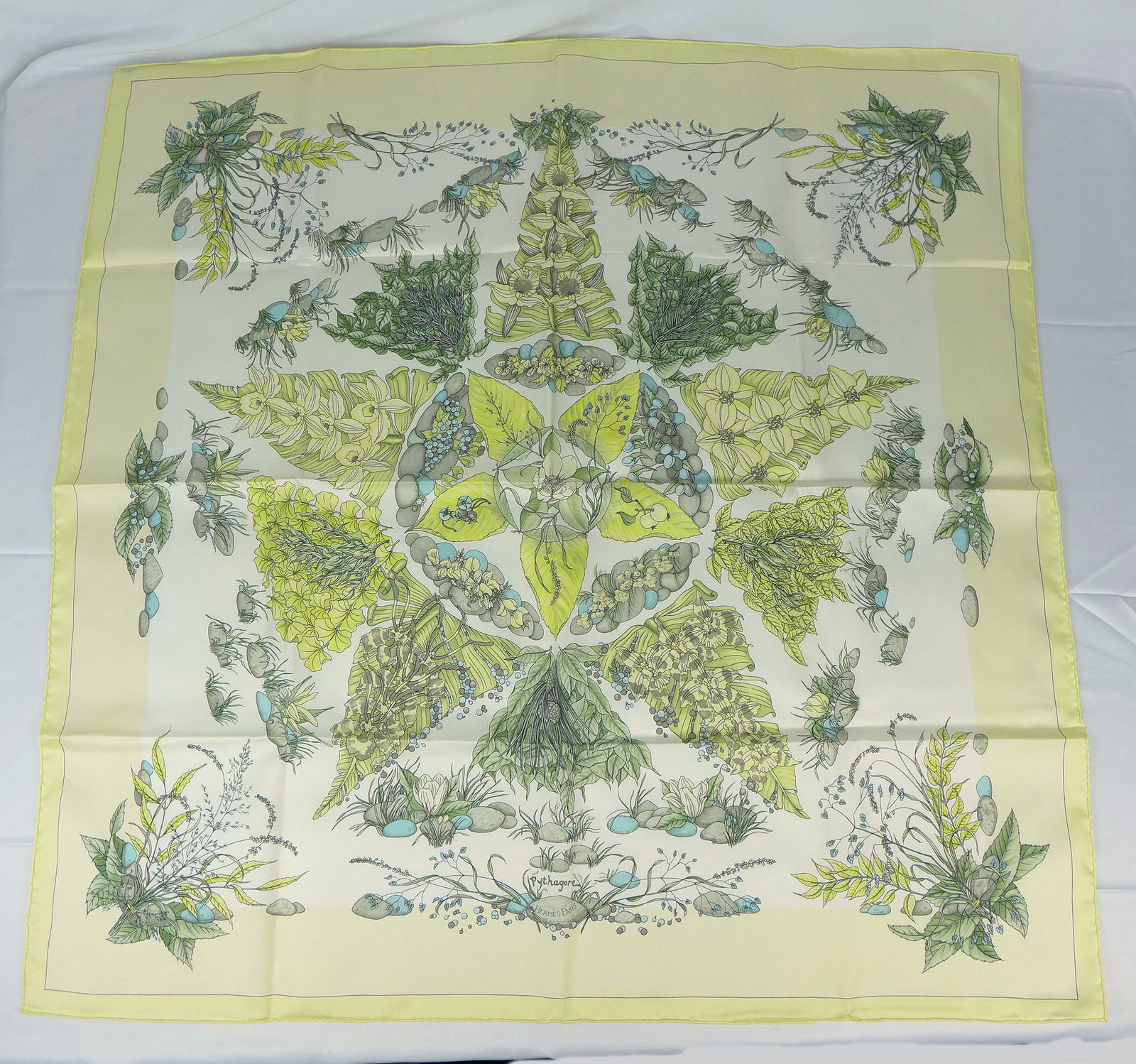 Vintage Hermes Paris Silk Scarf "Pythagore" with box: This is a classic 90cm Carre Hermes Silk Scarf made in Paris dating from the late 80's or 90's. Titled "Pythagore" and is decorated with a Floral and plant design. It was Designed by Zoe Pauwels and r