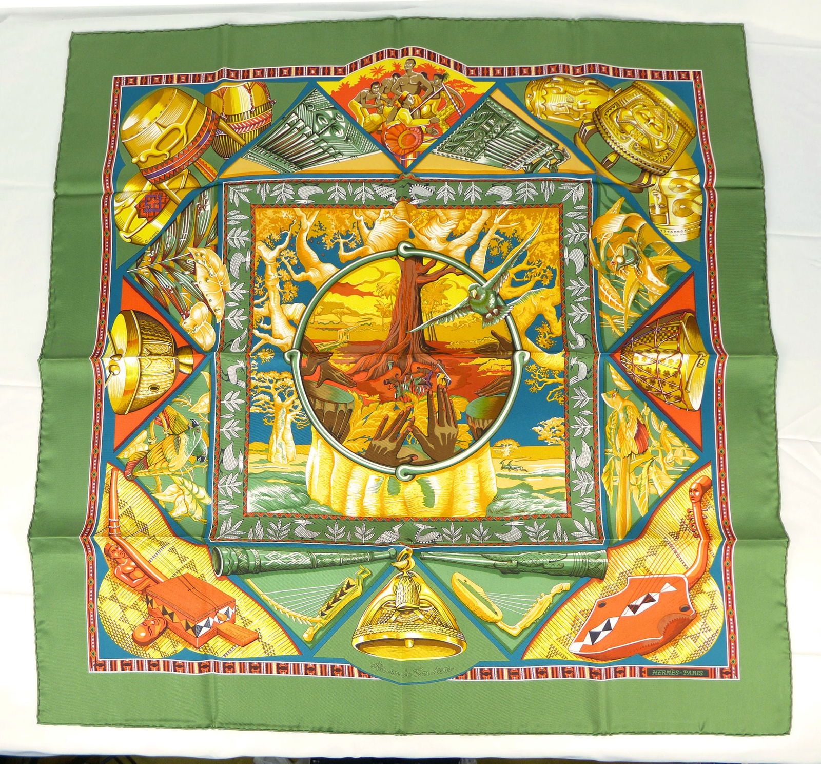 Vintage Hermes Paris Silk Scarf "Au son des Tam-Tam" with box (1 of 12)
