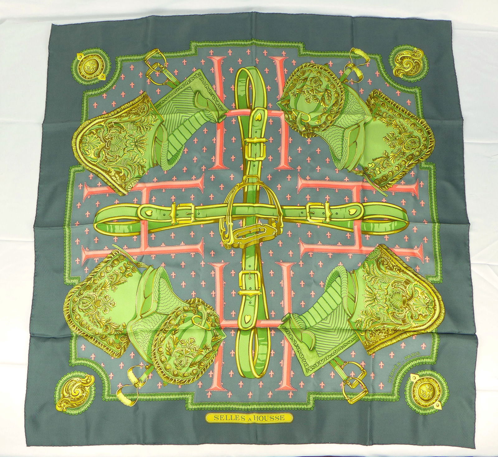 Vintage Hermes Paris Silk Scarf "Selles a Housse" with box (1 of 9)
