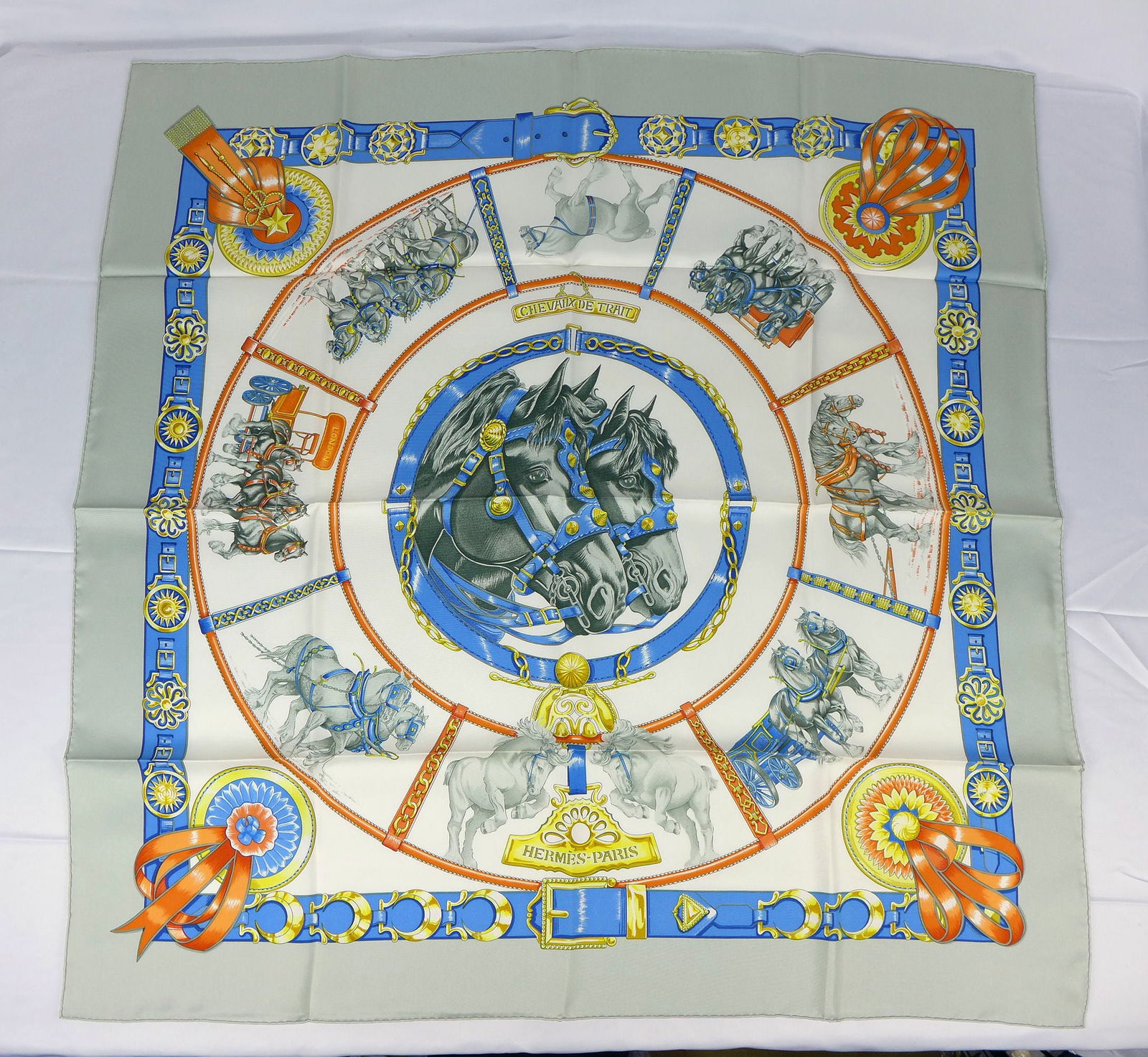 Vintage Hermes Paris Silk Scarf "Chevaux de Trait" with box: This is a classic 90cm Carre Hermes Silk Scarf made in Paris dating from the later 80's or 90's. Titled "Chevaux de Trait" and is decorated with scenes of work horses in various vignettes of daily lif