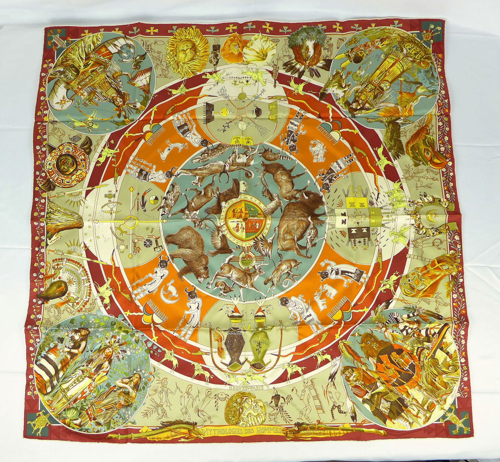 Vintage Hermes Paris Silk Scarf "Les Mythologies des Hommes Rouges" with box (1 of 10)