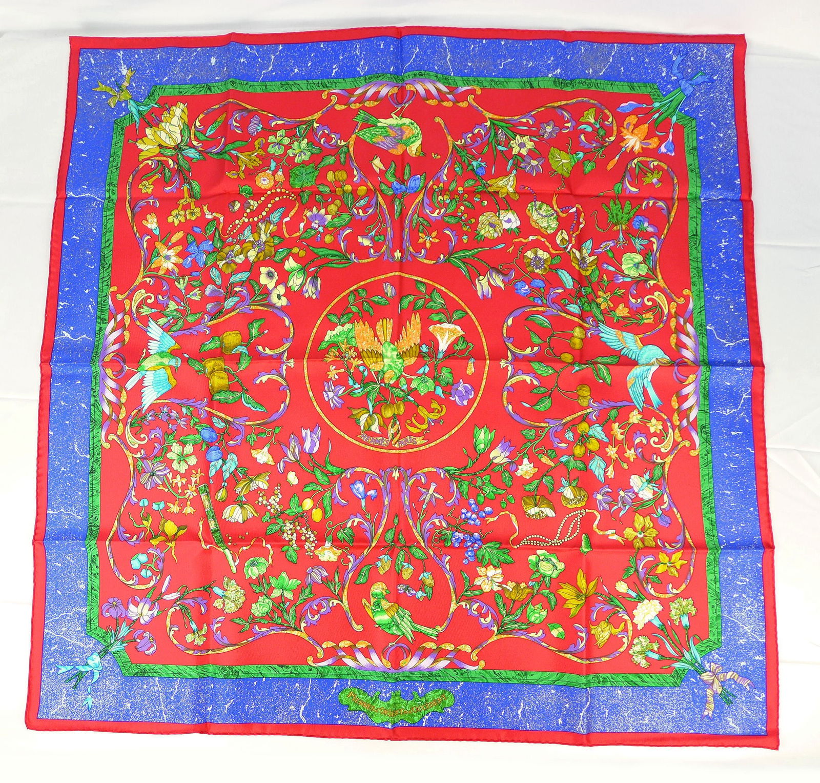 Vintage Hermes Paris Silk Scarf "Pierres d'Orient et d'Occident" with box: This is a classic 90cm Carre Hermes Silk Scarf made in Paris dating from the later 80's or 90's. Titled "Pierres d'Orient et d'Occident" and is decorated with an inlaid precious stone design of birds