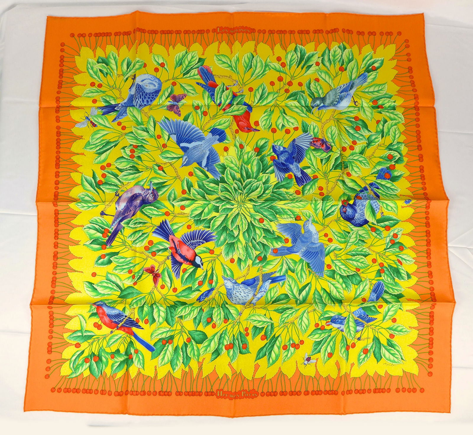Vintage Hermes Paris Silk Scarf "Les Merises" with box: This is a classic 90cm Carre Hermes Silk Scarf made in Paris dating from the later 80's or 90's. Titled "Les Merises" and is decorated with a large scene of insects and birds enjoying berries in the b