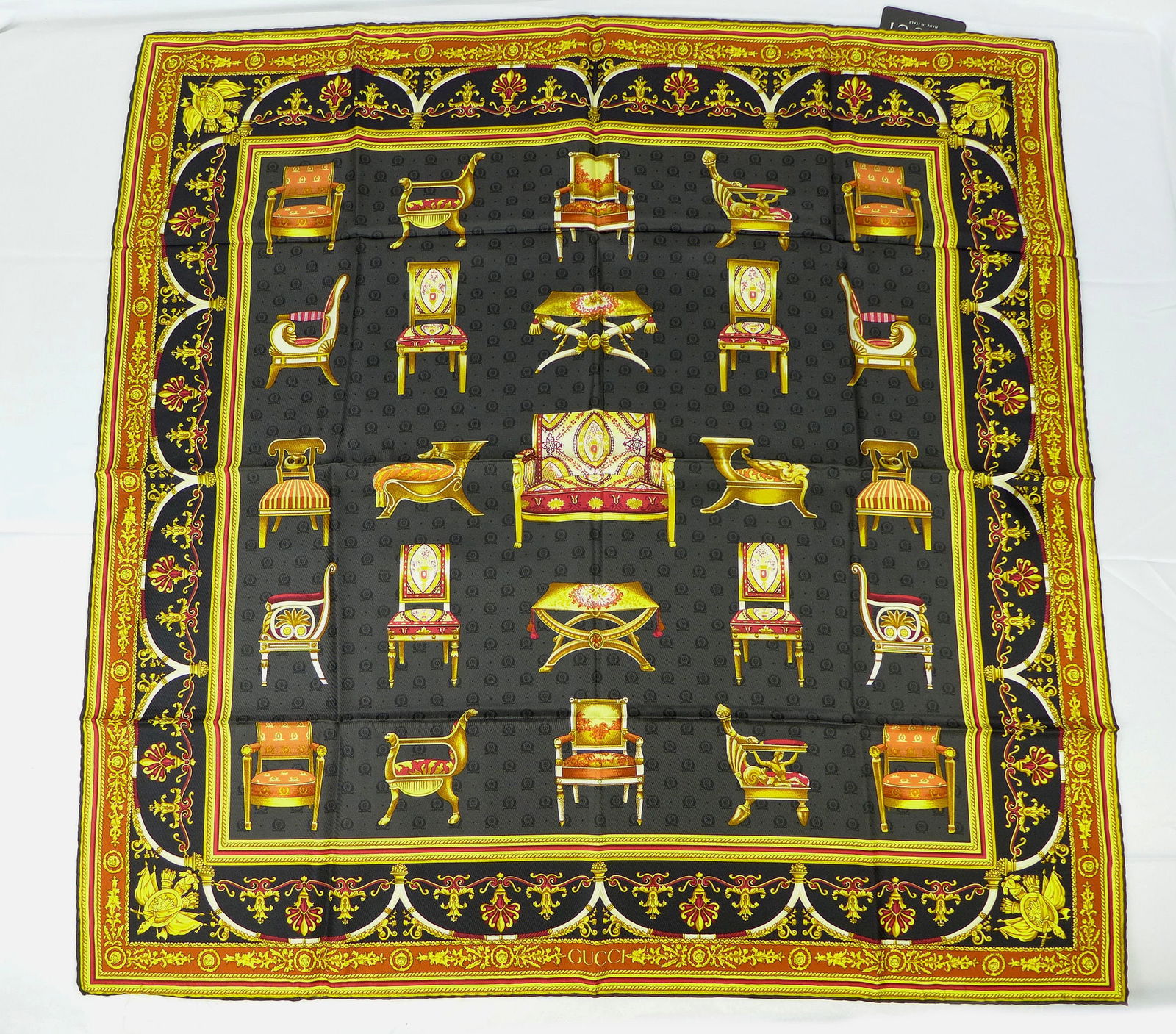 Vintage Gucci Italy Silk scarf New with tags and box "Chairs" (1 of 10)
