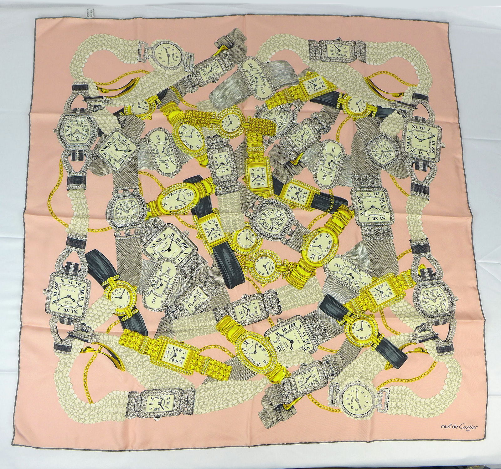 Vintage Must de Cartier Paris Silk scarf with box "Jeweled Watches" (1 of 12)