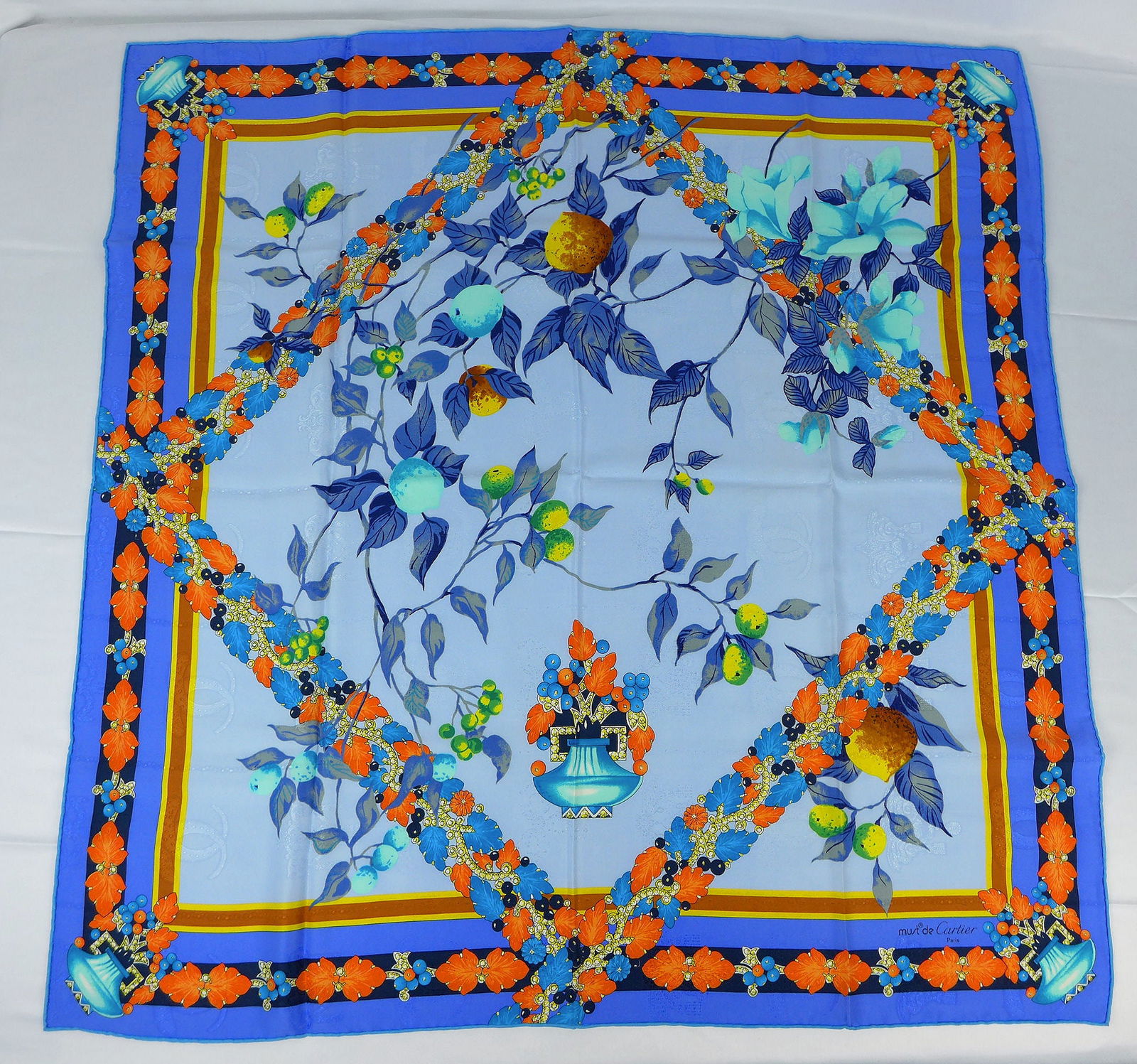 Vintage Must de Cartier Paris Jacquard Silk scarf with box "Tutti Fruiti" (1 of 11)