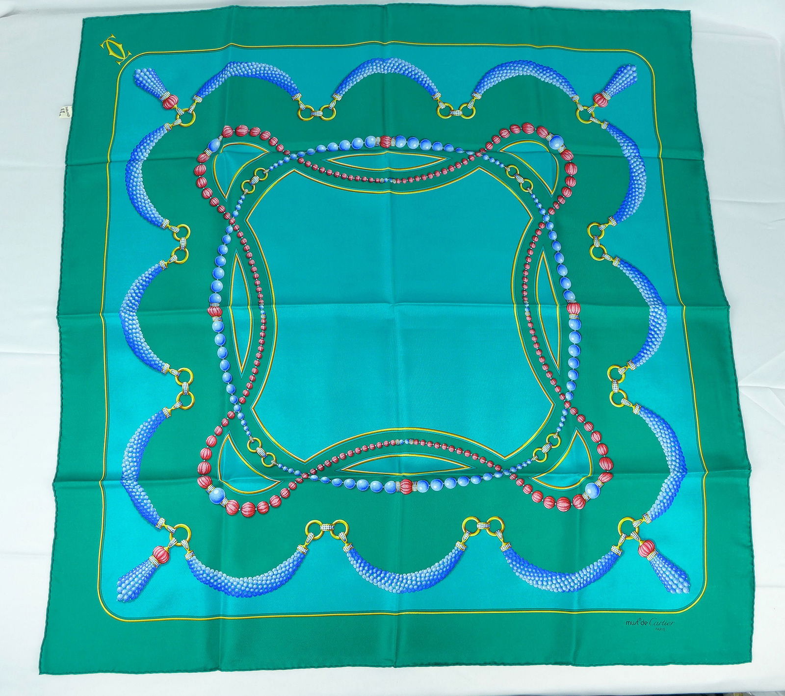 Vintage Must de Cartier Paris Silk scarf with box "Coral lapis beads" (1 of 11)