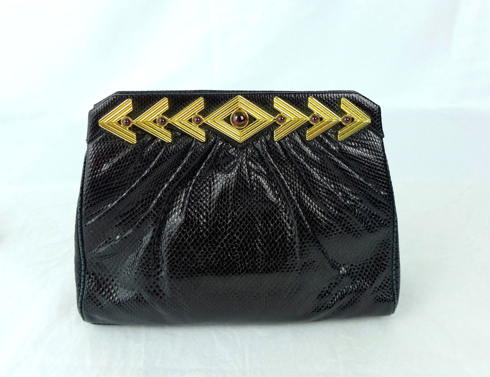 Vintage Judith Leiber Black Lizard Gold Top Gemstone Clutch Bag Purse (1 of 10)