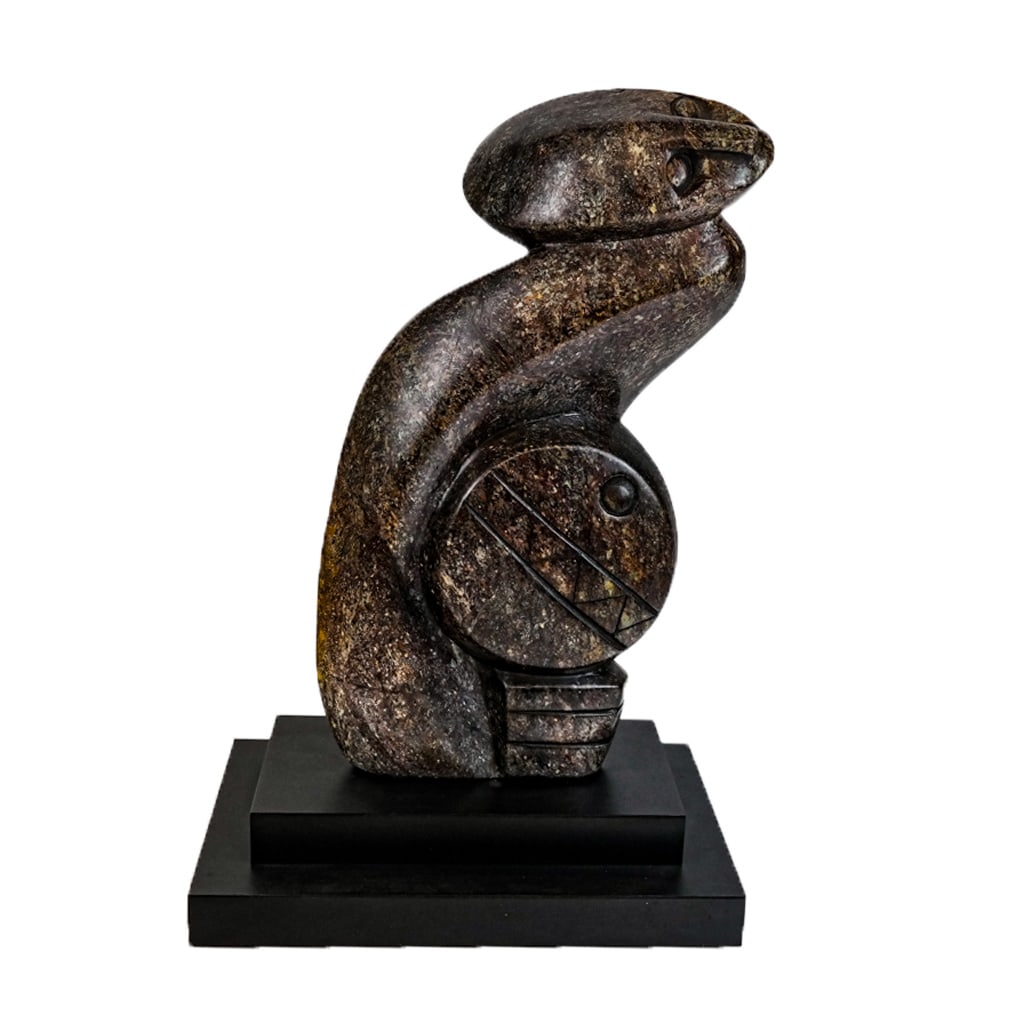 Contemporary Stone Abstract Sculpture: Contemporary stone abstract sculpture of a figure and drum, signed verso "M". [16" H x 10" W x 6" D]. In good condition.