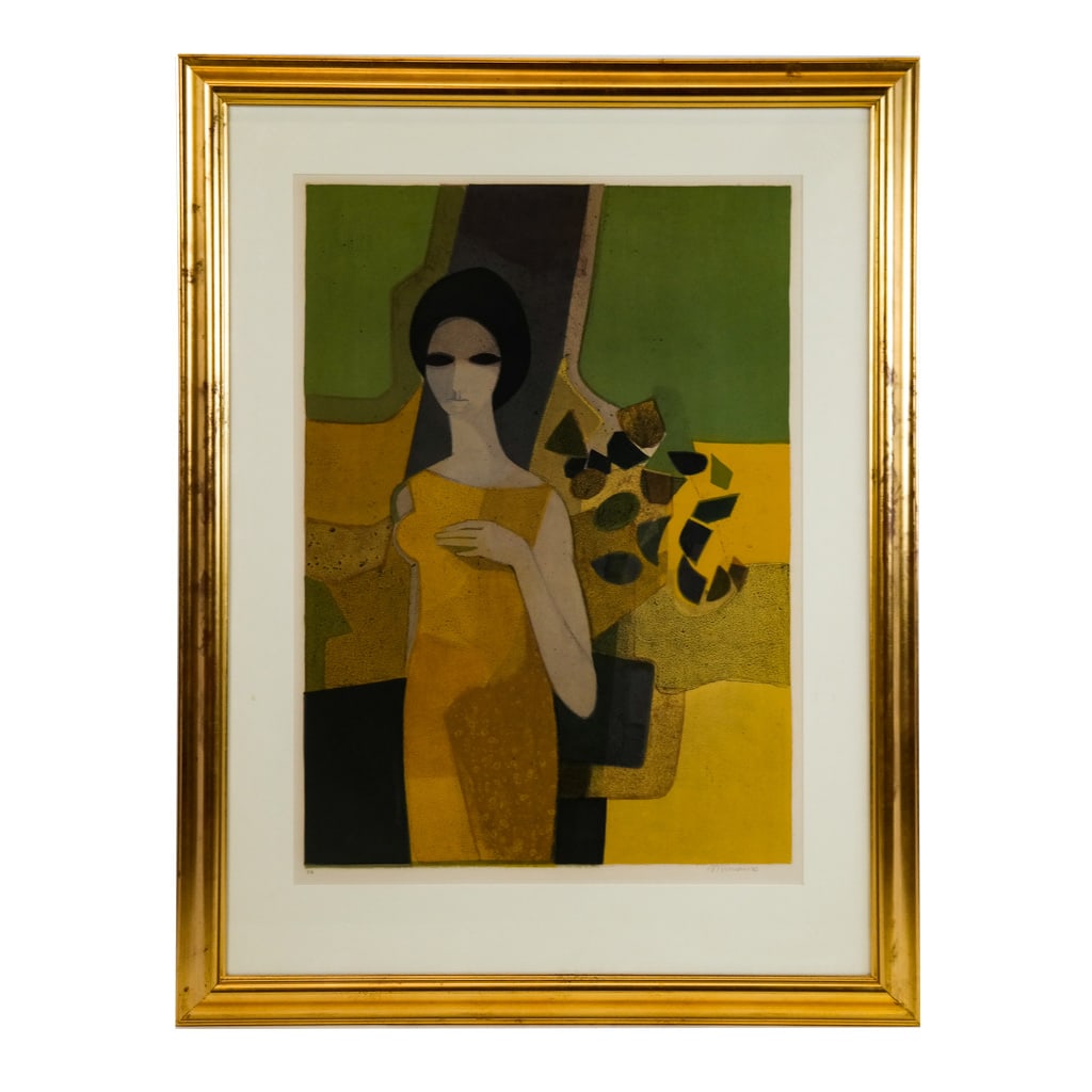 Andre MINAUX: Woman Standing - Lithograph: Andre Minaux (French, 1923-1986) lithograph of a woman standing, signed. [Sight: 28 1/2" H x 20 1/2" W; Frame: 41" H x 32" W].