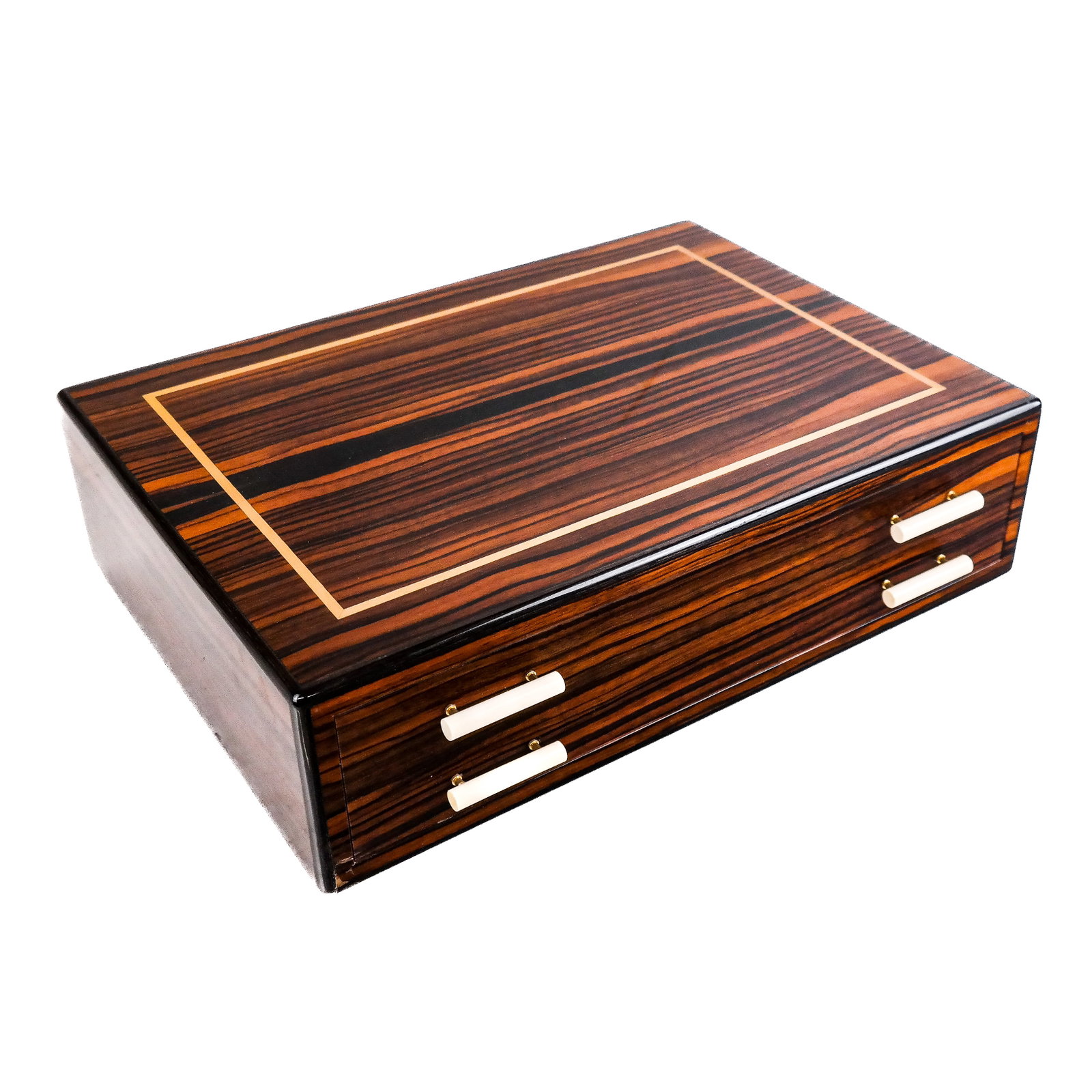 Polished Exotic Wood Pen Storage Case: Polished exotic wood pen storage case, the box with two fitted drawers, unmarked. Provenance: From the Collection of renowned architect and designer Thierry Despont. [3 3/4" H x 13 5/8" W x 10 1/2" D]
