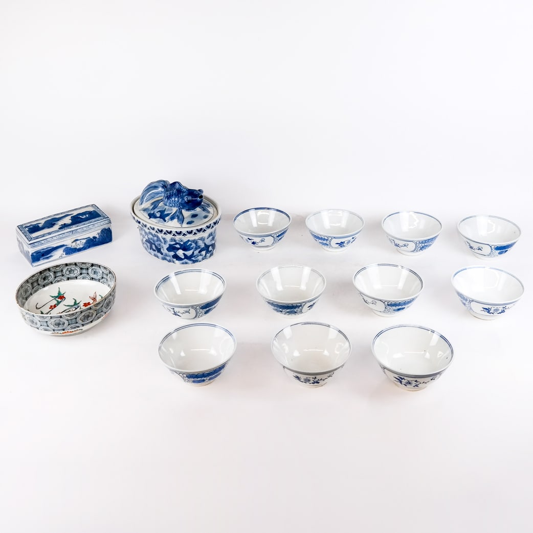 Collection of Chinese Porcelain Items (14): Collection of fourteen (14) Chinese blue and white porcelain items, most late 20th century, including 11 rice bowls, a koi-decorated covered tureen, a covered box, and a bowl with red, green and black
