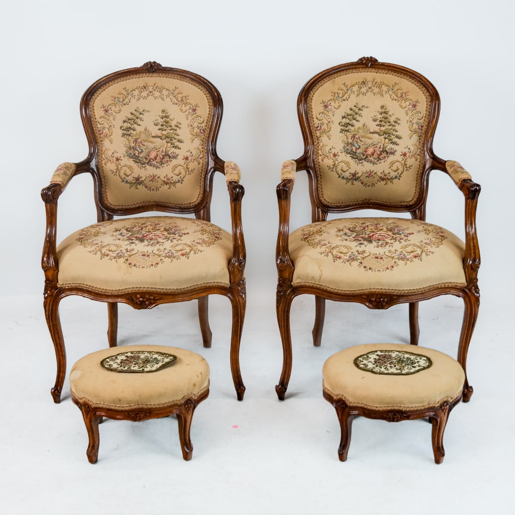 Pair of Louis XV-Style Armchairs & Ottomans (1 of 9)