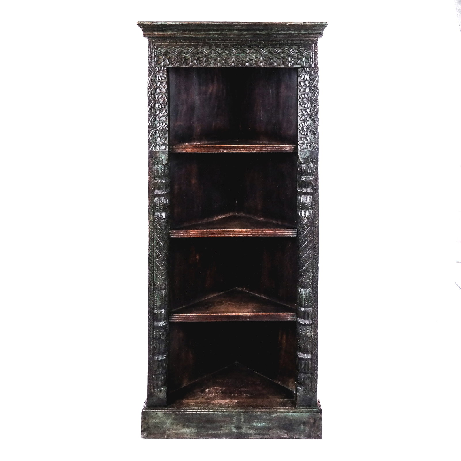 Indonesian-Style Ornate Corner Etagere: Indonesian-style ornate corner etagere. [72 1/2" H x 31 1/4" W x 15" D].