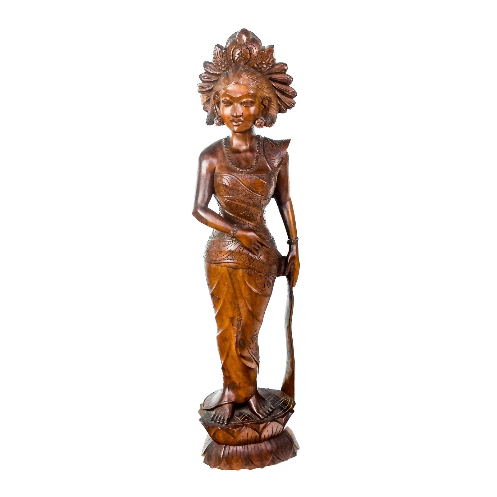 Balinese Wood Female Sculpture: Balinese wood sculpture of a woman with a headdress. [22" H].