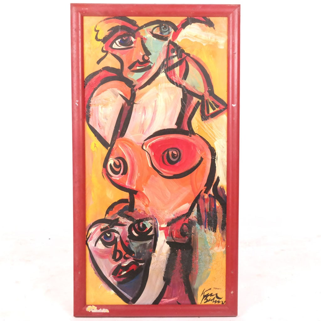Peter Robert KEIL: Abstract - Oil Painting: Peter Robert Keil (German, b. 1942) colorful oil on canvas abstract of a nude with fish, signed lower right, Berlin. [Art: 39" H x 19" W; Frame: 43" H x 23" W]. Needs cleaning.