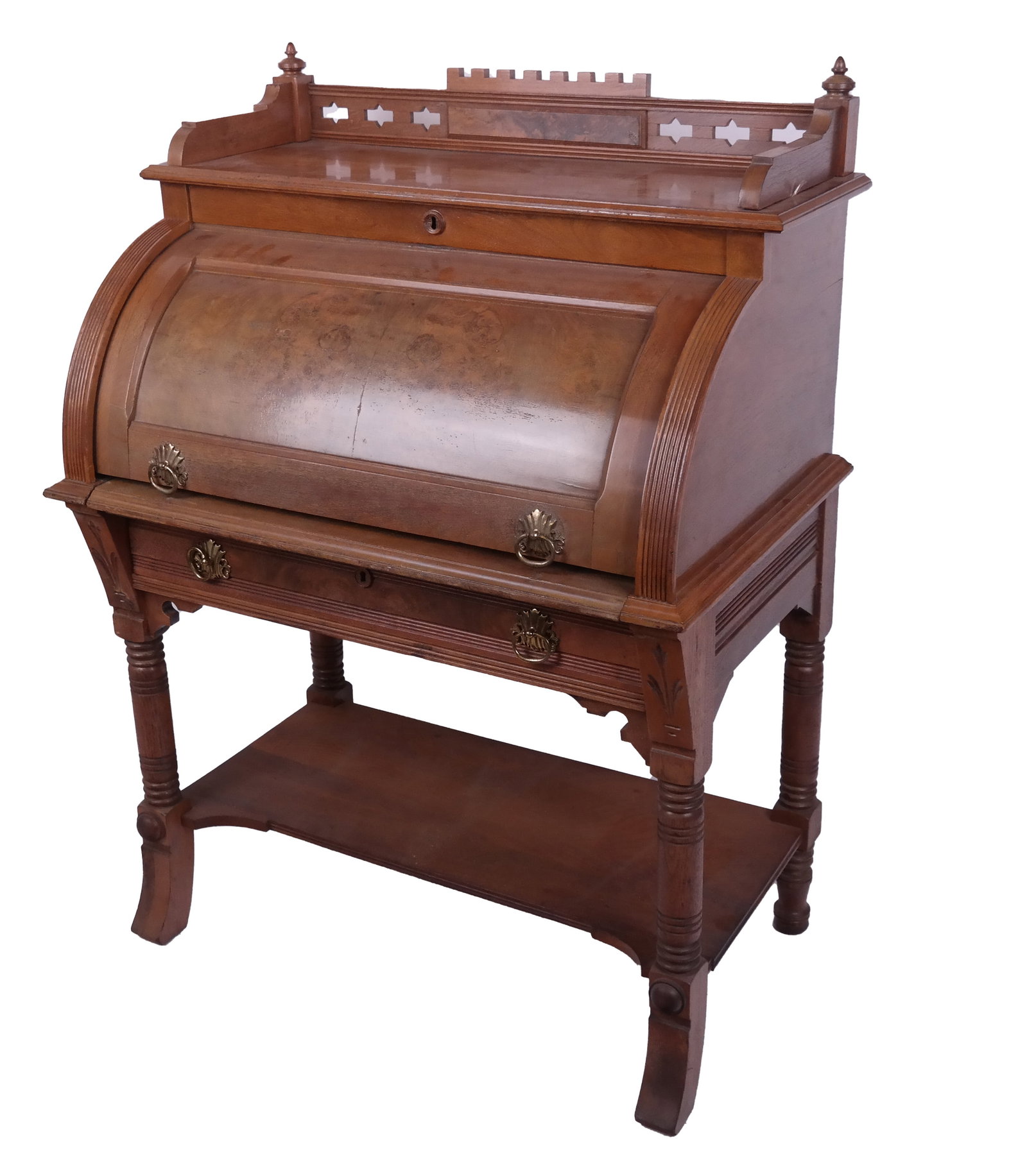 Eastlake Victorian Cylinder Desk: Late 19th century mahogany cylinder roll desk with a fitted interior. [49 1/2" H x 36" W x 22" D].