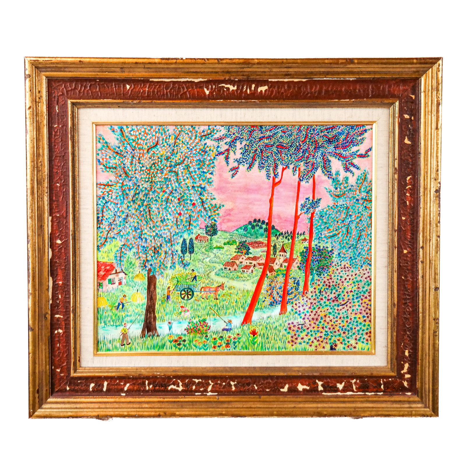 Michel LOEB: Country Scene - Oil Painting: Michel Loeb (French, b. 1931) oil on board painting of a French countryside scene with trees, farmers and houses, signed lower left. [Art: 14 1/2" H x 17 1/2" W; Frame: 23" H x 26" W].